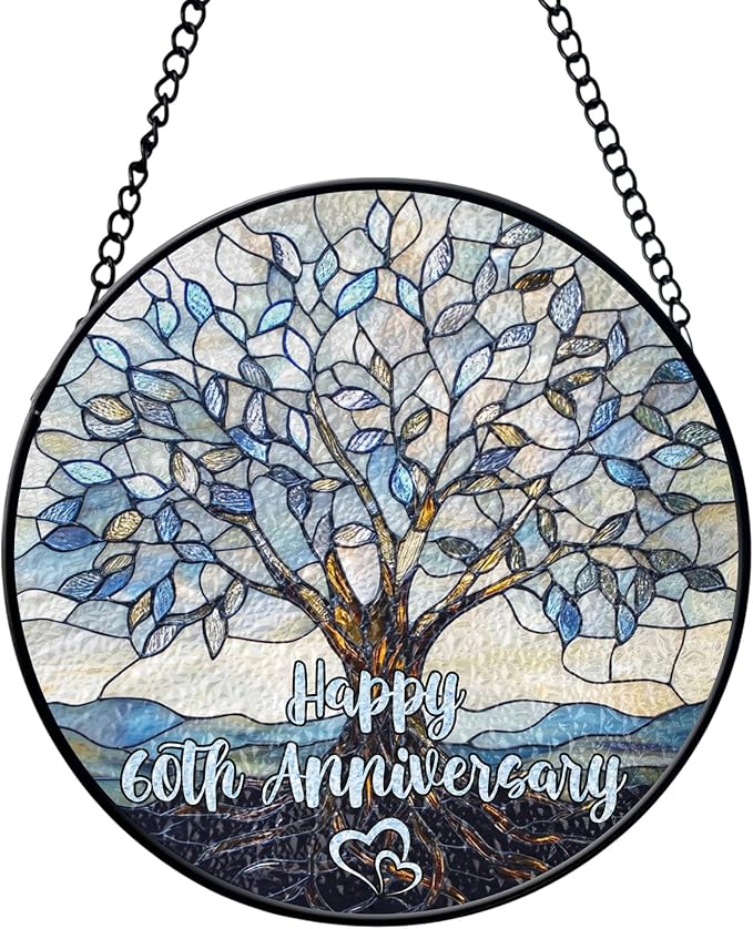 60th Wedding Anniversary Faux Stained Glass Suncatcher, 60 Years of Marriage Keepsake Ornament, Diamond Wedding