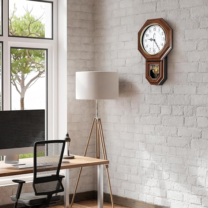 Pendulum Wall Clock Battery Operated, Imitation Wood Plastic Regulator Clock with Pendulum,Vintage Decorative Wall Clocks for Living Room,Farmhouse,Office,Bedroom,Kitchen,Wall Decor