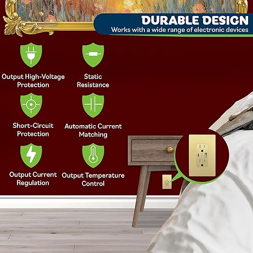 TOPGREENER USB Outlet, Type C & Type A Wall Outlet, 15 Amp Tamper Resistant Receptacle Plug, Charging Power Outlet with USB Ports, Wall Plate Included, UL Listed, TU21536AC-GDWSI-2PCS, Gold, 2 Pack