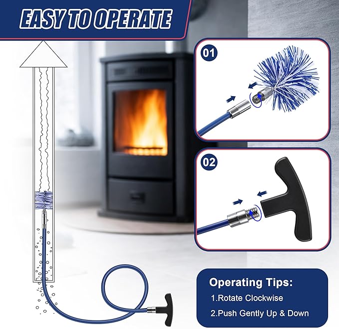 Dreyoo Pellet Stove Cleaning Brush Kit, 10 FT Flexible Steel Rod with 3" & 4" Brush Head, T Handle, Multi Purpose Flue Detail Cleaner, Nylon Stove Flue Pipe Kit for Pellet Furnace Exhaust Pipes