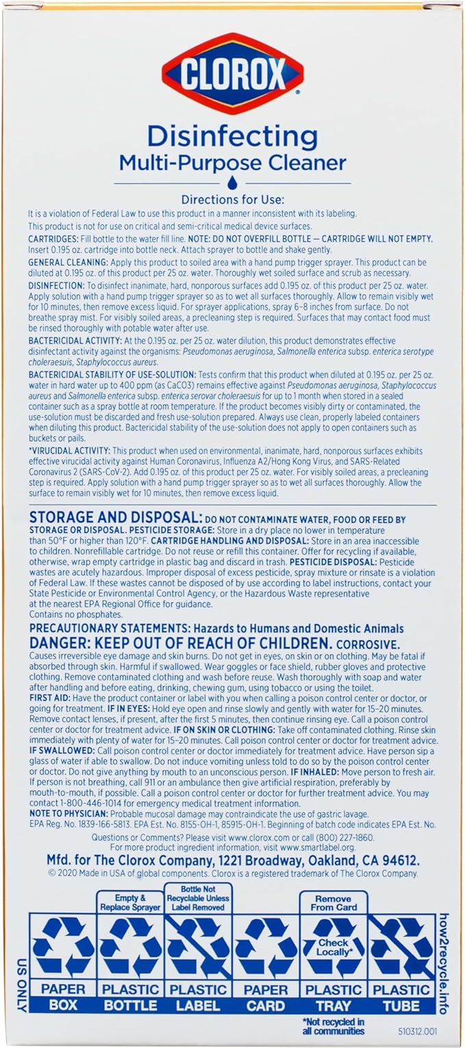 Clorox Disinfecting Multi-Purpose Cleaner Starter Kit, Household Essentials, One Reusable Spray Bottle Plus 2 Refills