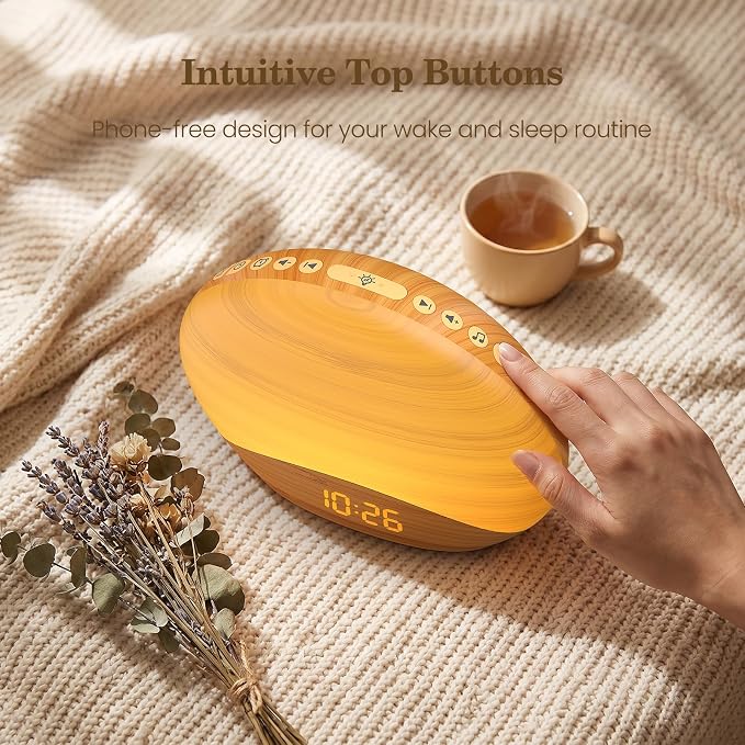 REACHER Natural Wood Grain Sound Machine Sunrise Alarm Clock，26 Nature Inspired Sleeping Sounds, 0-100% Dimmable Clock, Night Light,Brown/Pink/White Noise Sound Machine for Babys, Kids, Adults