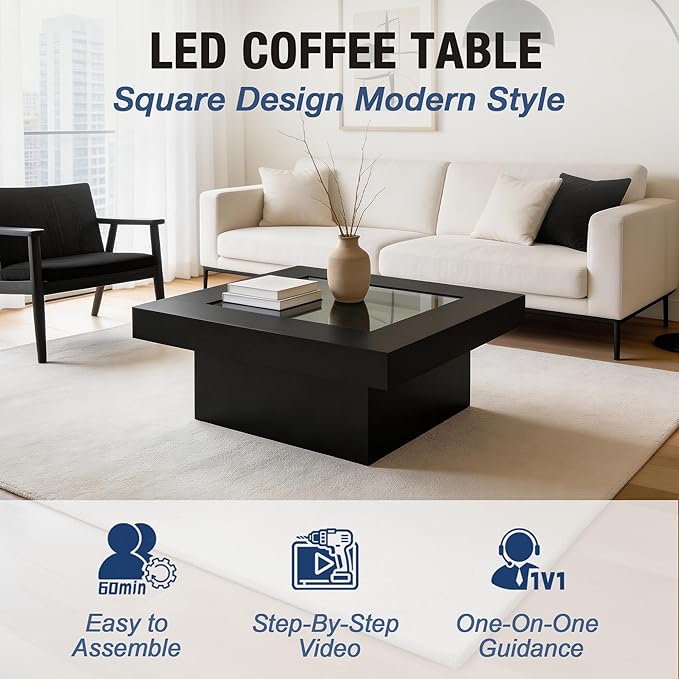 FKWin Black Coffee Table - Endless Depth Morden Square Coffee Table with LED Lights, Mirror Coffee Tables for Living Room, Tempered Glass-Top Center Tables, 31"