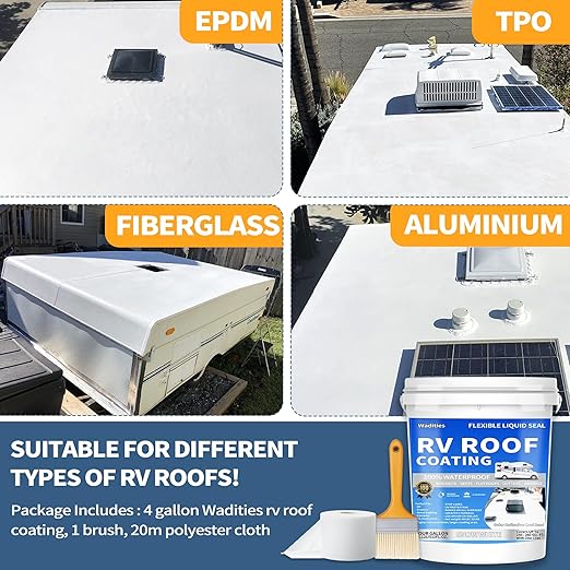 RV Roof Coating White, Wadities Waterproof Solar Reflective Sealant, Flexible RV Roof Sealant for Campers, Trailers, Motorhomes, Metal Buildings and Leak Repairs - 4 Gallon