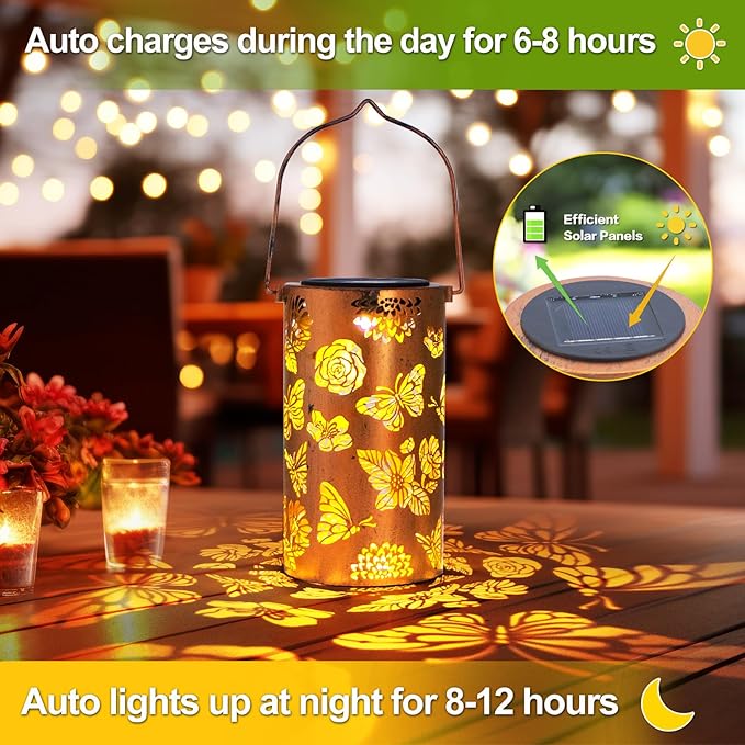 Mothers Day Gifts, Butterfly Flower Birthday Gifts for Women, Solar Lanterns Outdoor Waterproof, Garden Decor Metal Hanging Decorative Solar Lights for Patio, Gardening Gifts for Women Mom Grandma