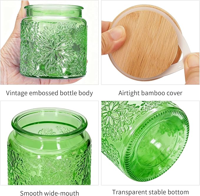 1Pc Snowflakes Style Vintage Glass Candy Jar with Airtight Bamboo Lid, Kitchen Storage Canister for Sugar, Coffee, Tea, Cookies, Bath Salt - Decorative Mason Jar for Pantry & Counter (1, Green, 17oz)