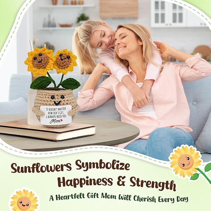 OASSIE Gifts for Mom from Daughter Son - Handmade Positive Sunflower Crochet with Card - Mom Gifts for Mothers Day, Birthday Gift for Mother in Law Mama Grandma, Emotional Support Crochet