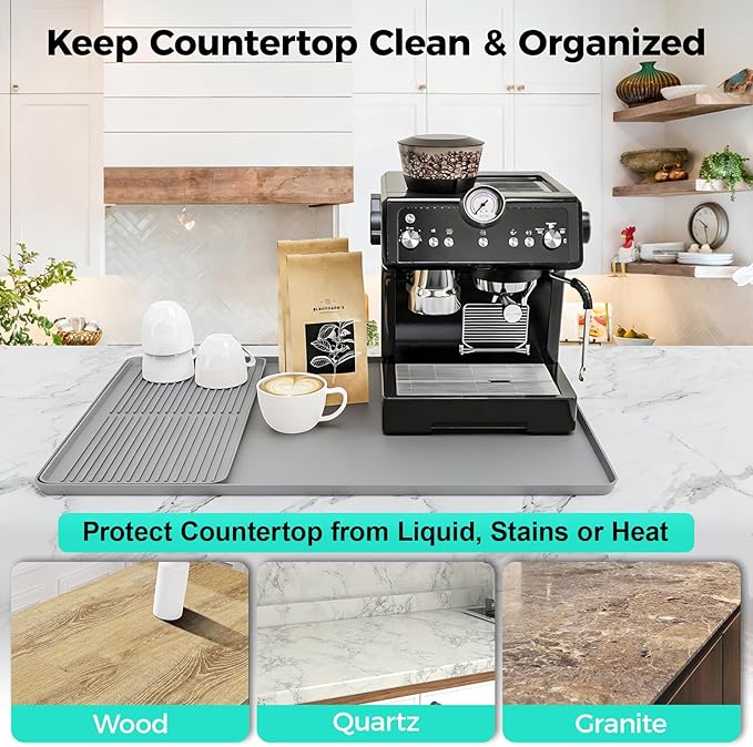 2-in-1 Coffee Mat & Dish Drying Mat Coffee Bar Mats for Countertop Coffees Matt for Counter Silicone Coffees Espresso Machine Station Mats Under coffe Maker Spill Matt Countertops Pot 24×16inch-Gray