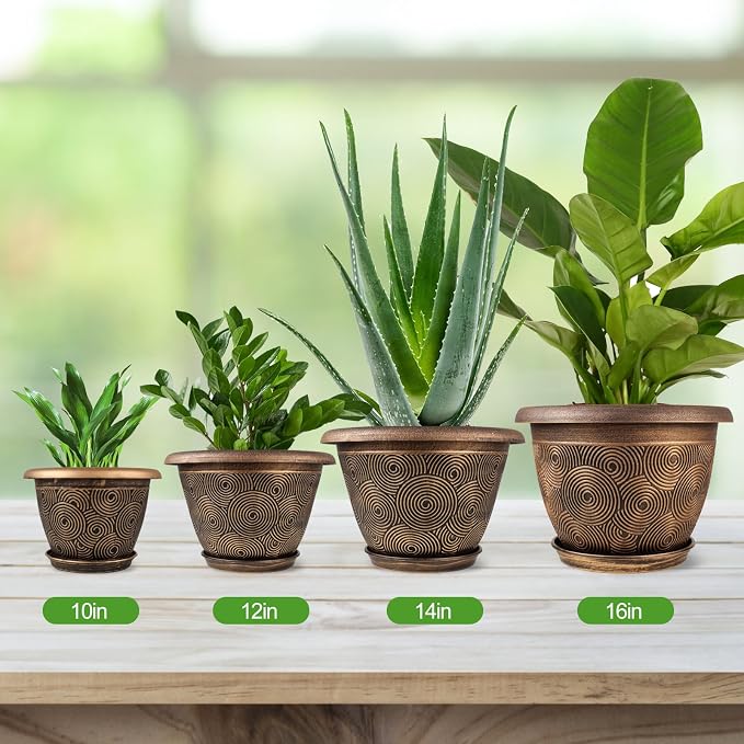 Fodetyff 16 Inch Large Planter Pot for Plants Indoor Outdoor, 4 Pack Plastic Flower Pots with Drainage Hole & Tray, Modern Decorative Garden Pot with Saucer, Plant Container for House