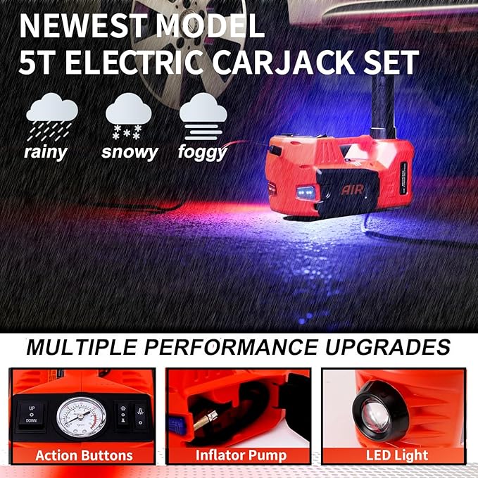 ROGTZ Electric Hydraulic Car Jack Kit 5 Ton 12V Portable Lift Range 17.7 Inch with Tire Inflator Pump for SUV Sedan Truck Car Repair Floor Jack for Vehicle Tire Change with LED Light Jack Only