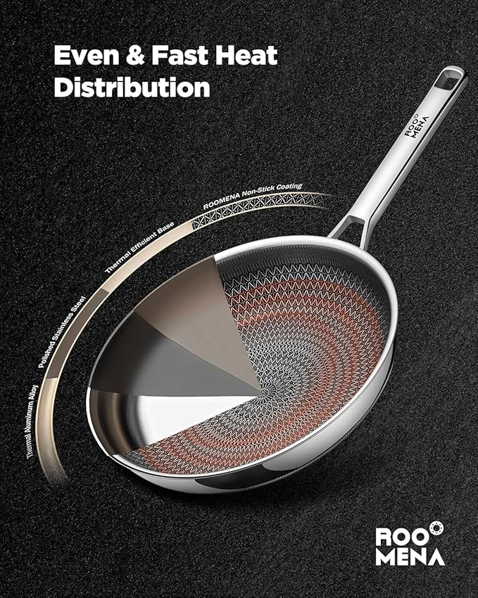 Frying Pans Non Stick, Hybrid Ceramic With Lid, 12 Inch Tri-Ply Stainless Steel Skillet, Non-Toxic, PFAS/PFOA/PTFE Free, Metal Utensil Safe, Dishwasher & Oven Safe