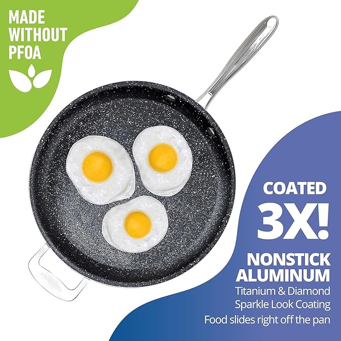 Granitestone 14 Inch Large Non stick Frying Pan for Cooking, Frying Pans Nonstick, Ultra Durable Mineral and Diamond Coating, Family Sized Open Skillet, Oven and Dishwasher Safe, Black