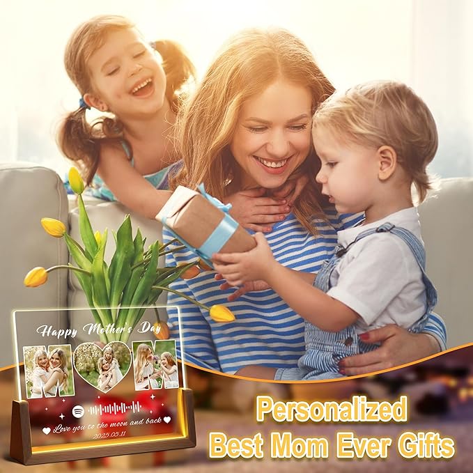 Personalized Mothers Day Birthday Gifts For Mom, Custom Spotify Plaque Mom Gifts From Daughter Son Husband, Light Up Picture Frame With Photo Name Customized Gift For Mama Grandma Wife