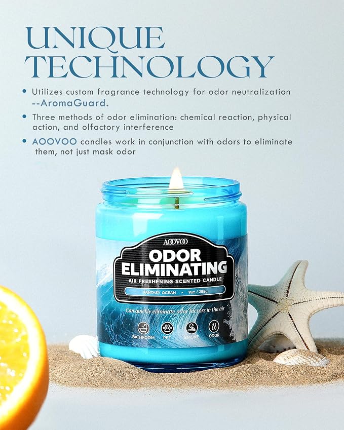AOOVOO Ocean 2 Pack Odor Eliminating Highly Fragranced Candle - Eliminates 95% of Pet, Smoke, Food and Other Smells Quickly, Non Toxic Air Freshing Soy Candle, 18 oz Up to 100 Hours Burn time