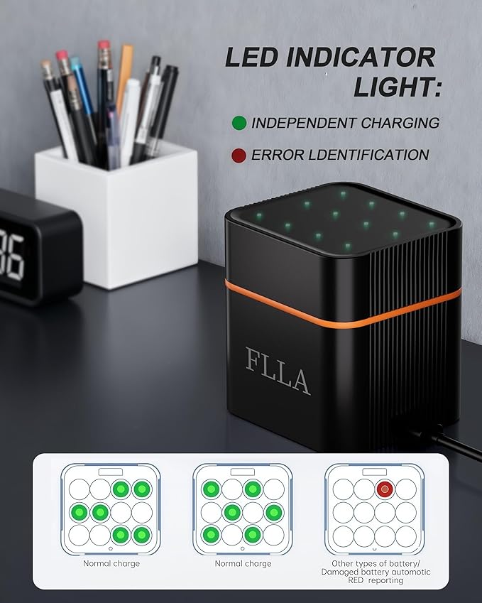 Flla Rechargeable AAA Lithium Batteries, 12 Pack 1.5V 1512mWh Triple A Batteries with USB-C Fast Charger & Storage Case, 2000+ Cycles for Blink Cameras, TV Remotes, Home Electronics