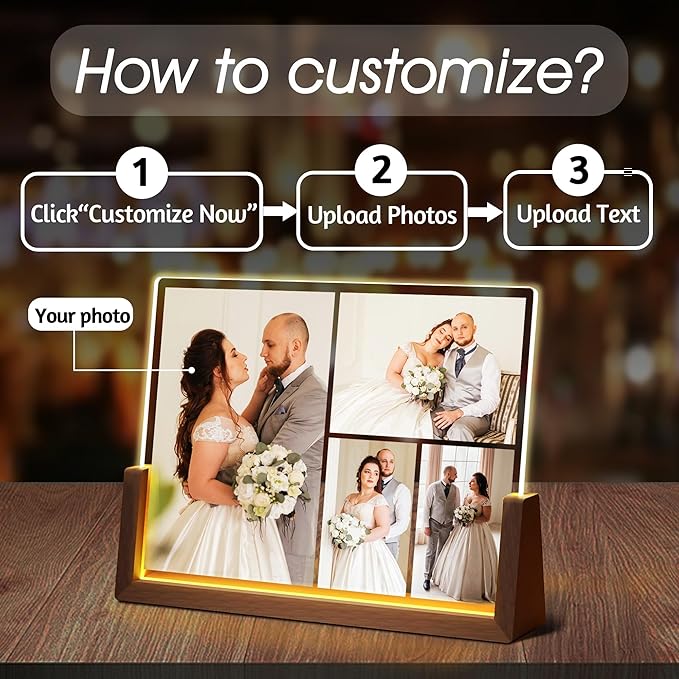 Personalized Valentines Day Couples Gifts For Him Her Husband Wife, Custom Light Up Picture Frame Acrylic Plaque With Photo, Customized Anniversary Birthday Wedding Gifts For Women Men