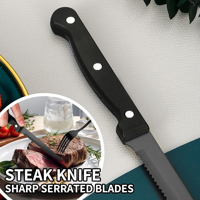 60-Piece Black Silverware Set with Steak Knives Black Stainless Steel Flatware Set for 10 Food Grade Tableware Cutlery Set Rust-proof, Mirror Polished, Dishwasher Safe