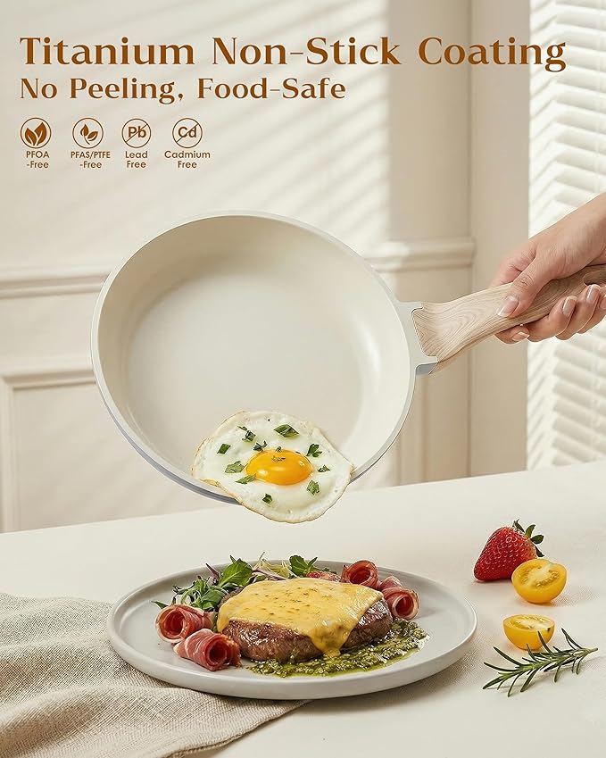 FDN 16Pcs Titanium Pots and Pans Set,Toxic-Free Cookware Set, Dishwasher & Oven Safe, Induction Compatible with Bakelite Wood Grain Handle, Compact and Durable