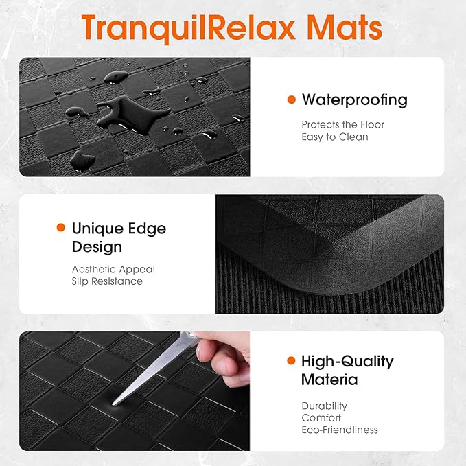 TranquilRelax 4/5 Inch Thick Anti-Fatigue Kitchen Mats 2Pcs, Cushioned Non-Slip Waterproof Sink & Stove Floor Mats, Comfortable Standing Rug Set for Kitchen, Laundry & Entryway Black