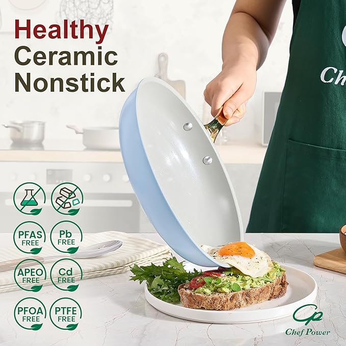 Chef Power Ceramic Cookware Sets, 15Pcs Pots and Pans Set Non Stick, Cookware Set with Stainless Steel Handle, Dishwasher & Oven Safe, Light Blue and Granite Grey