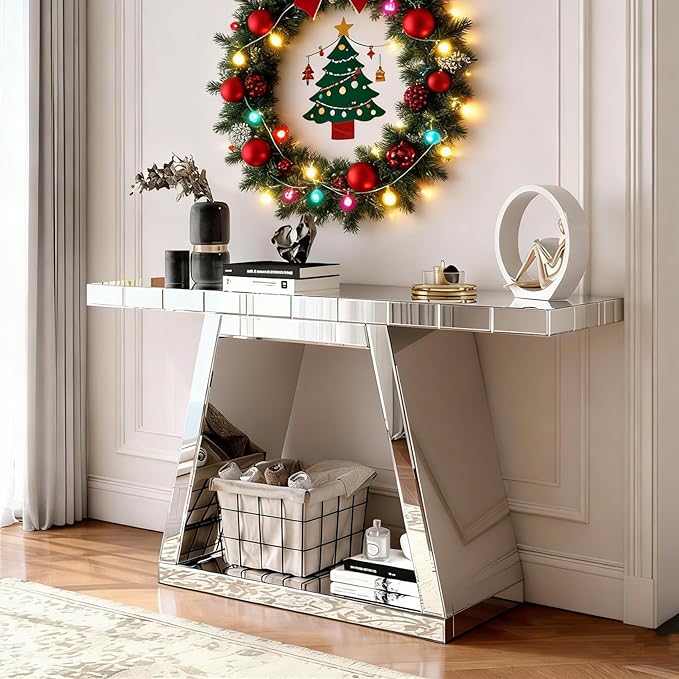 SSLine Mirror Console Table for Living Room 55" Modern Mirrored Entryway Table with Crystal Trapezoid Base Luxury Glass Foyer Tables for Entryway Hallway