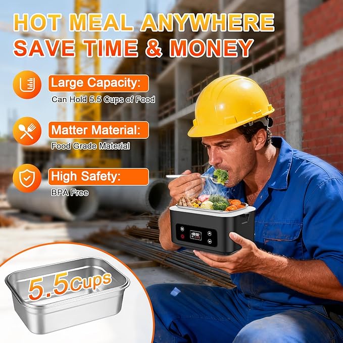 Heated Lunch Box,Electric Lunch Box, Lunch Box Battery Powered, Pro 24000mah,5.5 Cups Portable Food Heater-3D-5 Side Heating-Intelligent Temperature Control,Suitable For Trucks,Offices (Black/White)