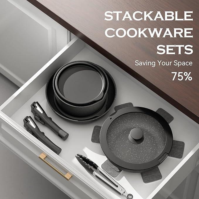 18 Piece Pots and Pans Set with Removable Handle, Nonstick Cookware Set Detachable Handles, Space Saving Stackable Kitchen Sets for RV, Camping & Apartment