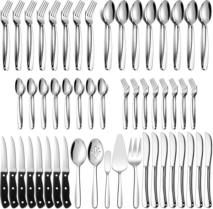 LIANYU 77-Piece Heavy Duty Silverware Set for 12, Plus Serving Utensils and Steak Knives, Stainless Steel Cutlery Flatware Set, Heavy Weight Eating Utensils for Home Wedding, Dishwasher Safe