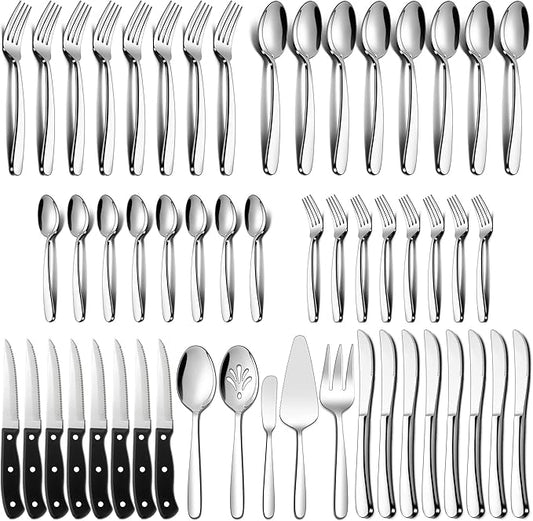 LIANYU 53-Piece Heavy Duty Silverware Set for 8, Plus Serving Utensils and Steak Knives, Stainless Steel Cutlery Flatware Set, Heavy Weight Eating Utensils for Home Wedding, Dishwasher Safe