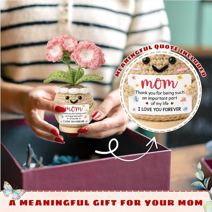 Gifts for Mom from Daughter Son - Cute Mothers Day Birthday Gifts for Moms - 6.23'' x 2.56'' Knitted Positive Inspirational Carnation Flowers Mother's Day Mom Crochet Doll