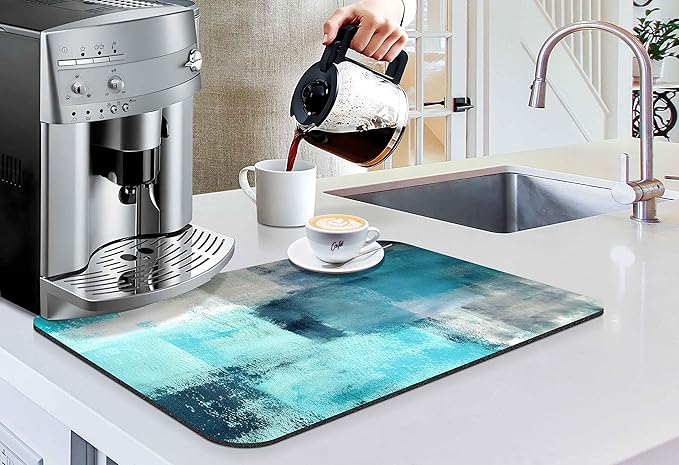 Coffee Bar Mat Accessories for Countertop Turquoise Abstract Art Absorbent Hide Stain Rubber Backed Dish Drying Mats for Kitchen Counter Draining Pad decor Gift Fit Under Coffee Maker (20x12in)