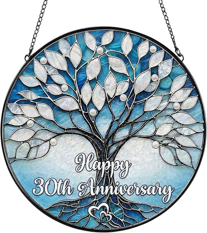 30th Wedding Anniversary Faux Stained Glass Suncatcher, 30 Years Marriage Keepsake Ornament, Pearl Wedding