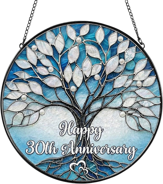 30th Wedding Anniversary Faux Stained Glass Suncatcher, 30 Years Marriage Keepsake Ornament, Pearl Wedding