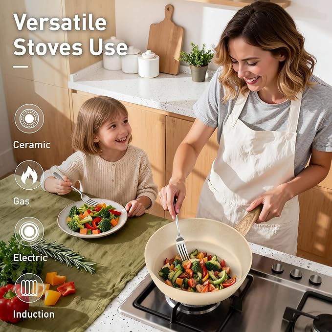 DisDelight Pots and Pans Set Non Stick, Granite Kitchen Cookware Sets for Cooking, Induction Frying Pan Set Nonstick, Cream White