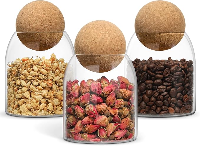 ComSaf 3 Pack 16oz Clear Decorative Glass Jars with Cork Ball Lid - Coffee Bar Kitchen Counter Bathroom Storage, Dishwasher Safe, Glass Canisters for Coffee Sugar Candy Storage - Home Decor & Gifting