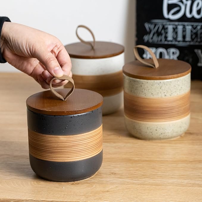 Miamolo Large Storage Containers with Lids, Ceramic Coffee Container Kitchen Food Storage Jars for Spice Sugar Tea Bag, Stackable Decorative Jars for Counter, Black & 61 fl.oz