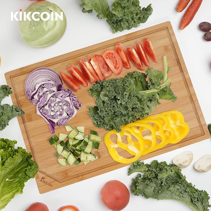 Kikcoin 24”×18” Bamboo Cutting Boards for Kitchen, Wooden Healthy Cutting Boards for Charcuterie, Vegetables, Cheese, Bread, Extra Large Chopping Boards with Deep Juice Groove and Handle, Natural