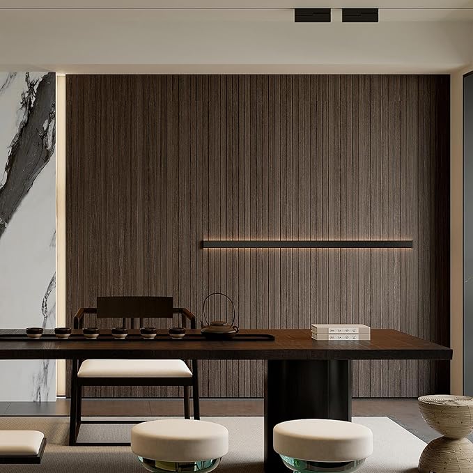 YU LI 3DH Peel and Stick PVC Slat Wall Panel 118"x15.75" Self-Adhesive Thick Faux Smoked Wood Grain Wallpaper Panel 3D Soundproof Wall Panels for Walls & Ceilings