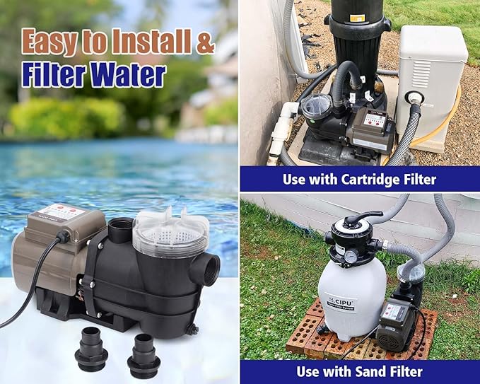 CIPU Pool Pump with Timer 2700GPH 115V Powerful Self Priming Above Ground Swimming Pool Pump 0.35HP with Filter Basket Low Noise for Pools Hot Tub Spa Water Circulation