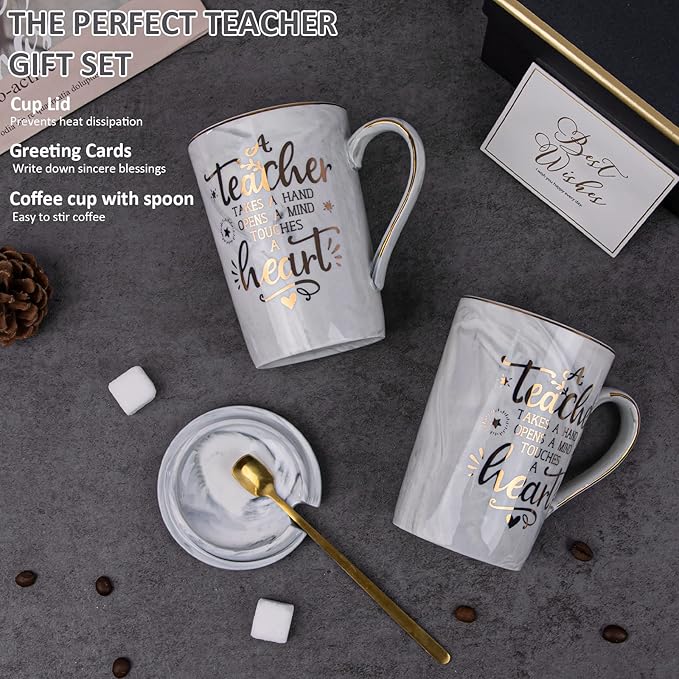 Best Teacher Appreciation Gift for Women Men - A Teacher Takes A Hand Opens A Mind Touches A Heart - Funny Valentines Graduation Retirement Gifts, 14Oz Grey Coffee Mug with Gold Print, Nice Gift Boxed