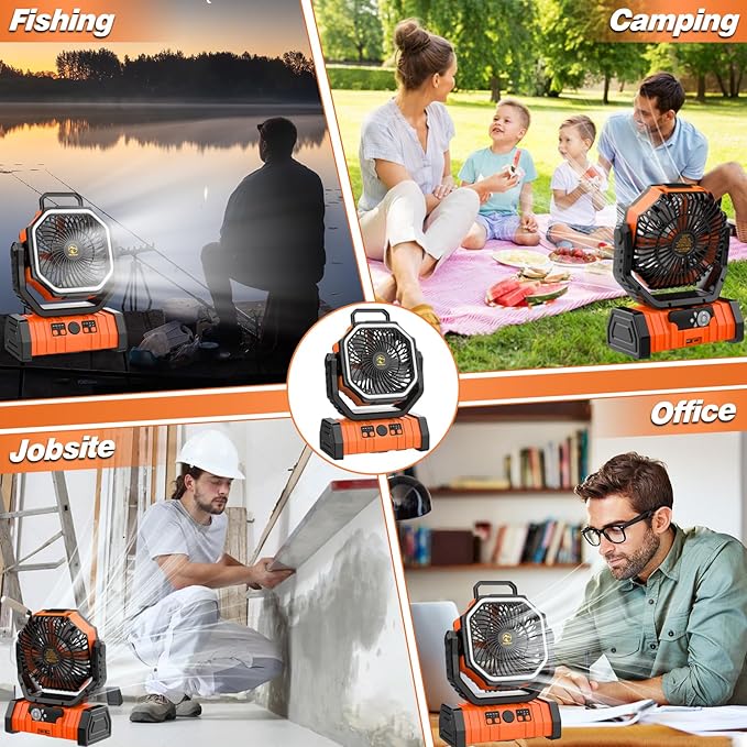 20000mAh Rechargeable Camping Fan, Auto-Oscillating Portable Fan for Camping with Remote & LED Lantern, 4 Speeds Battery Powered Fan with Hanging Hook & Timer for Tent, Travel, Outdoor, Home, RV