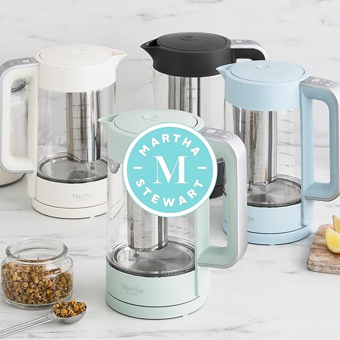 Martha Stewart Electric Kettle with Removable Stainless Steel Tea Infuser,  Glass Carafe 1.7L (7 Cups), Hot Water Boiler, 4 Presets, Keep Warm & Auto Shut-Off, Cordless 360° Swivel Base, Sky Blue