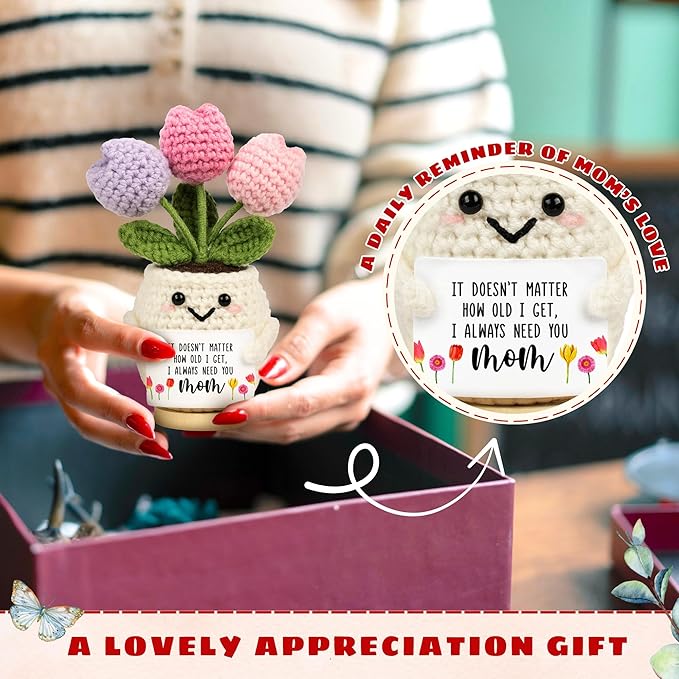 Gifts for Mom from Daughter Son - Cute Mothers Day, Birthday Gifts for Moms, Mother, Mama - 5.51'' x 4.13'' Mother's Day Knitted Positive Tulip Flowers Mom Crochet Doll