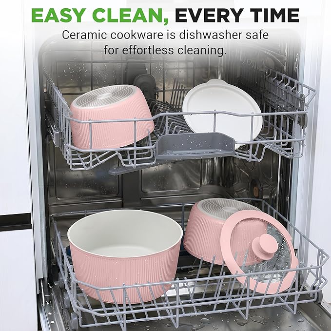 NutriChef 18-Piece Ceramic Cookware Set with Detachable Handles, Non Stick Pots and Pans, PTFE-Free Natural Ceramic Coating, Space-Saving Design, Oven & Stove Safe, Includes Utensils, Pink