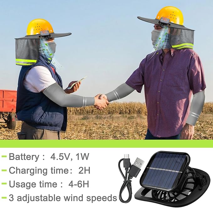 1 Set Sun Hard Hat Shade Full Brim Hard Hat Sun Visor with 2 Solar Fans and Neck Sunshade Cover UV Reflective Strap Arm Sleeves for Construction Workers Outdoor Protection(Grey)