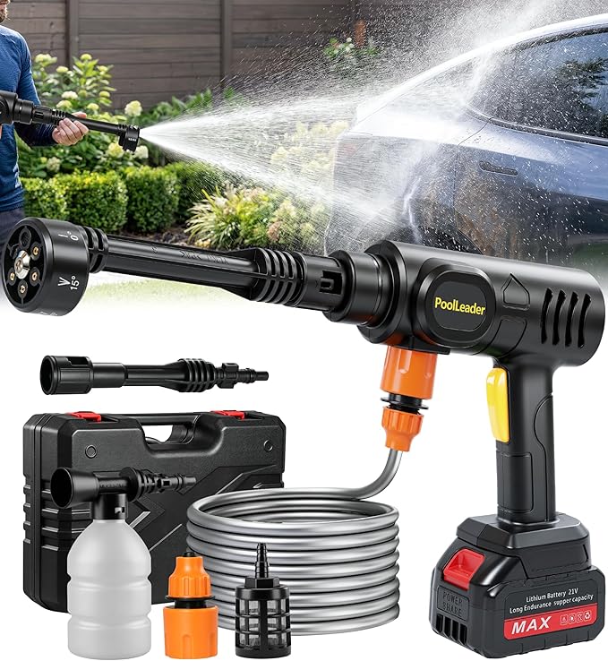 PoolLeader Cordless Car Cleaning Tool, Lightweight Portable Car Cleaner with 6-in-1 Nozzle & Foam Cannon, Battery Operated Cordless Car Wash Spray, Handheld Wash Machine for Car, Patio, Home - Yellow