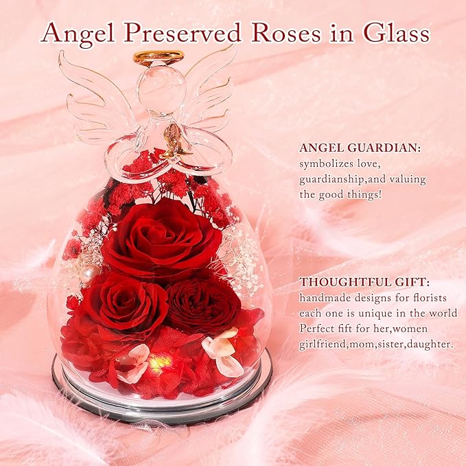 Gifts for Mom Mothers Day Birthday Gifts for Women Preserved Rose Forever Flower in Glass Angel Figurines Fresh Flowers for Delivery Anniversary Real Colorful Roses for Grandma Her Wife from Daughter