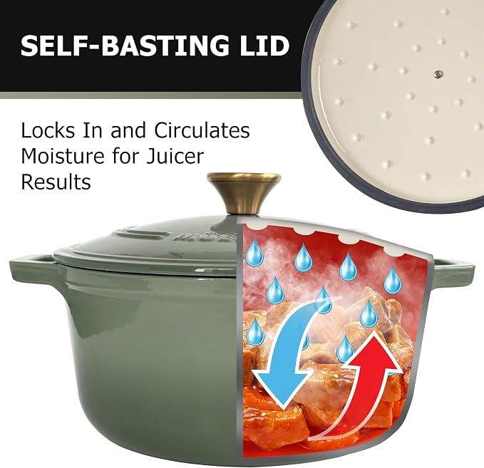 MUELLER HOME 6 Quart Enameled Cast Iron Dutch Oven, Heavy-Duty | For Sourdough Bread Baking, Oven-Safe to 500°F, Across All Cooktops, Casserole Dishes, Green Kitchen Accessories, Thyme Green