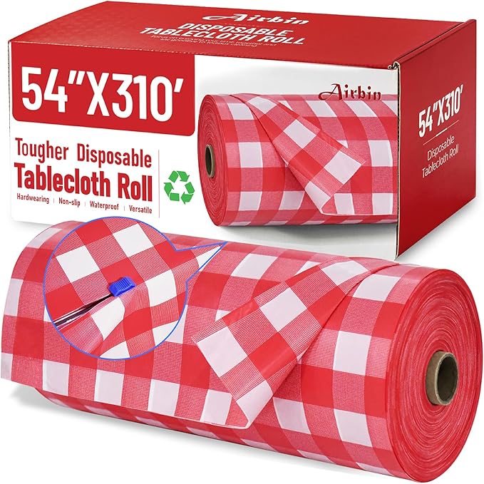 Plastic Table Cloth, 310 Ft X 54 In Disposable Tablecloth Red and White Checkered Tablecloth with Any Cut Sliding Cutters Premium PEVA Plastic Table Cloth Disposable for Picnic, Parties, Festivals