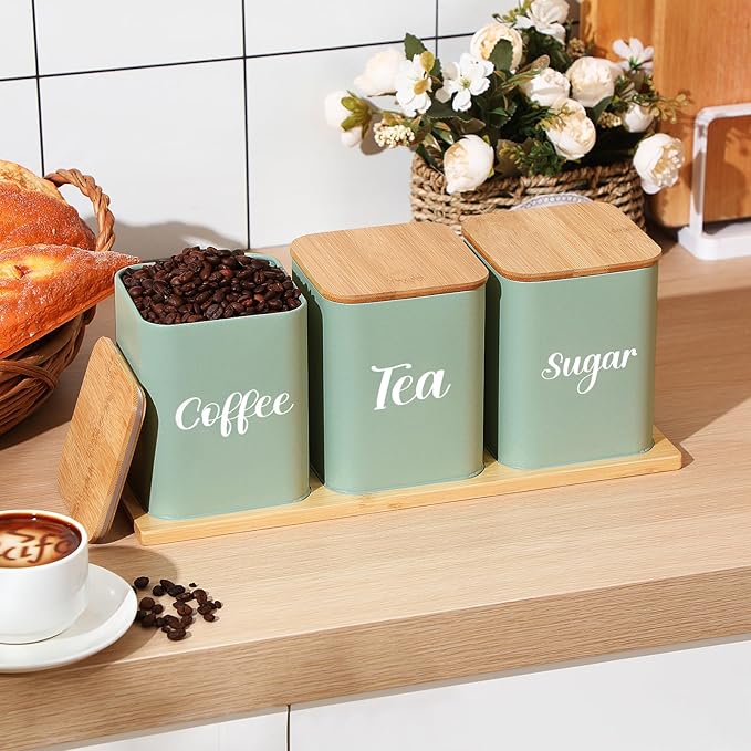 Tioncy Coffee Tea Sugar Container with Tray Set of 3 Airtight Metal Canister with Bamboo Lid Tray for Kitchen Counter Dining Room Farm House Kitchen Style Drink Station Organizer Set (Sage Green)